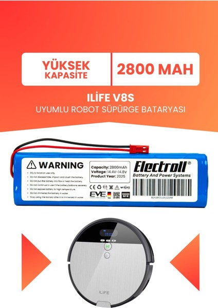 Ilife V8S Uyumlu Batarya (Yüksek Kapasite) 2800MAH Pil Robot Süpürge Bataryası Değişimi