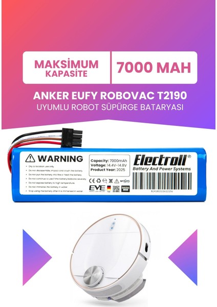 Anker Eufy Robovac T2190 Uyumlu Batarya (Maksimum Kapasite) 7000MAH Robot Süpürge Bataryası T2190