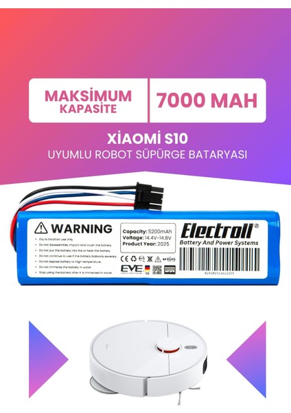 Xiaomi S10 Uyumlu Batarya (Maksimum Kapasite) 7000MAH Pil Robot Süpürge Bataryası Değişimi