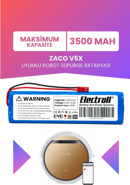 Zaco V5X Uyumlu Batarya (Maksimum Kapasite) 3500MAH Pil Robot Süpürge Bataryası Değişimi