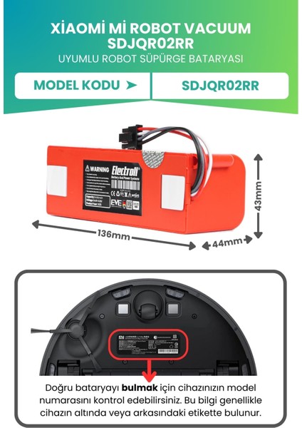 Xiaomi Mi Robot Vacuum SDJQR02RR Uyumlu Batarya (Ultra Yüksek Kapasite) 6400MAH Robot Süpürge Pili