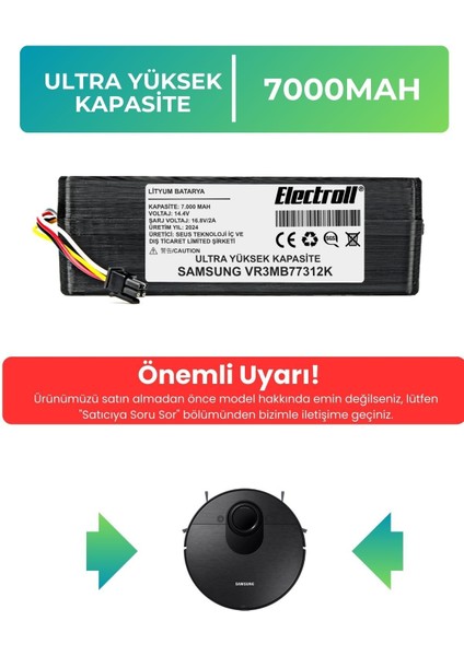 Samsung VR3MB77312K Uyumlu Batarya (Maksimum Kapasite) 7000MAH Pil Robot Süpürge Bataryası