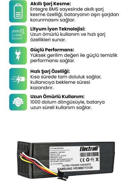 Samsung VR3MB77312K Uyumlu Batarya (Maksimum Kapasite) 7000MAH Pil Robot Süpürge Bataryası fiyatları