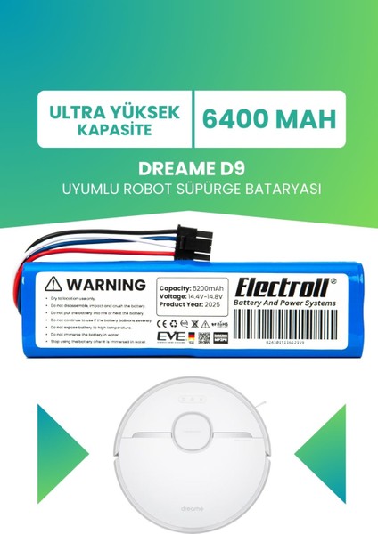 Dreame D9 Uyumlu Batarya (Ultra Yüksek Kapasite) 6400MAH Pil Robot Süpürge Bataryası Değişimi