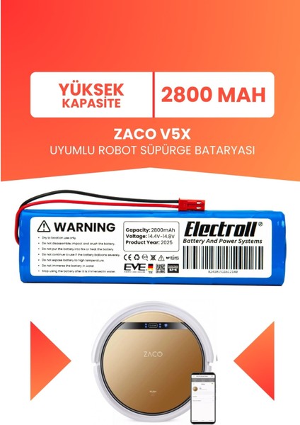 Zaco V5X Uyumlu Batarya (Yüksek Kapasite) 2800MAH Pil Robot Süpürge Bataryası Değişimi