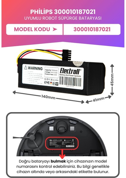 Philips 300010187021 Uyumlu Batarya (Maksimum Kapasite) 7000MAH Pil Robot Süpürge Bataryası Değişimi fiyatları