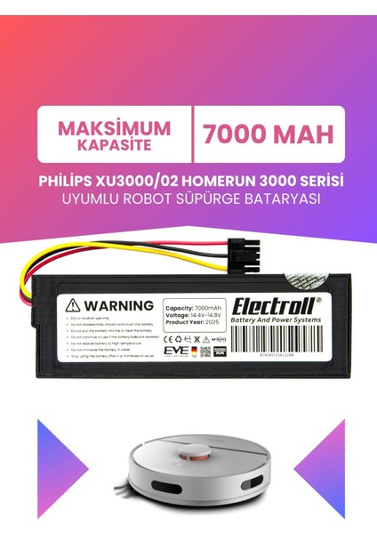 Philips XU3000/02 Homerun 3000 Serisi Uyumlu Batarya (Maksimum Kapasite) 7000MAH Robot Süpürge Pili