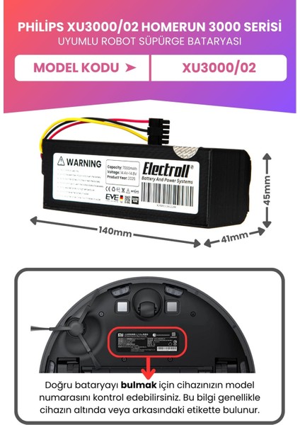 Philips XU3000/02 Homerun 3000 Serisi Uyumlu Batarya (Maksimum Kapasite) 7000MAH Robot Süpürge Pili fiyatları