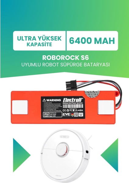 Roborock S6 Uyumlu Batarya (Ultra Yüksek Kapasite) 6400MAH Kutulu Robot Süpürge Pil Değişimi