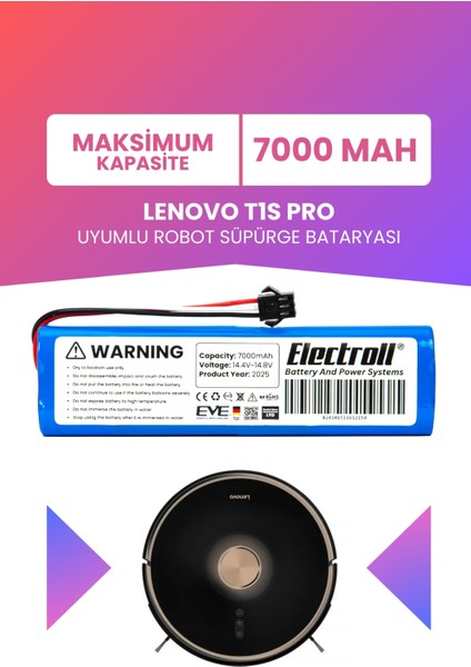 Lenovo T1S Pro Uyumlu Batarya (Maksimum Kapasite) 7000MAH Pil Robot Süpürge Bataryası Değişimi