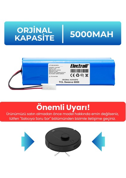 Tcl Sweeva 6000M Uyumlu Batarya (Orjinal Kapasite) 5000MAH Pil Robot Süpürge Bataryası Değişimi