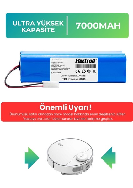 Tcl Sweeva 6000M Uyumlu Batarya (Ultra Yüksek Kapasite) 7000MAH Pil Robot Süpürge Bataryası Değişimi