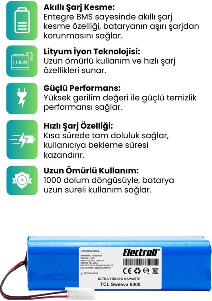Tcl Sweeva 6000M Uyumlu Batarya (Ultra Yüksek Kapasite) 7000MAH Pil Robot Süpürge Bataryası Değişimi fiyatları