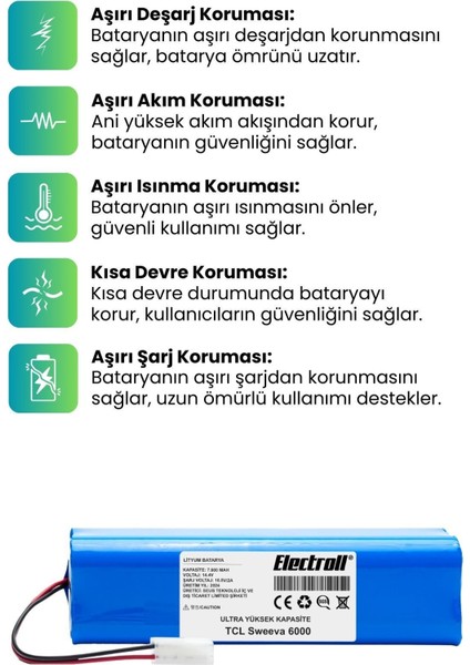 Tcl Sweeva 6000M Uyumlu Batarya (Ultra Yüksek Kapasite) 7000MAH Pil Robot Süpürge Bataryası Değişimi modelleri