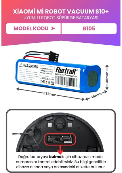 Xiaomi Mi Robot Vacuum S10+ Uyumlu Batarya (Maksimum Kapasite) 7000MAH Pil Robot Süpürge Pil B105 fiyatları