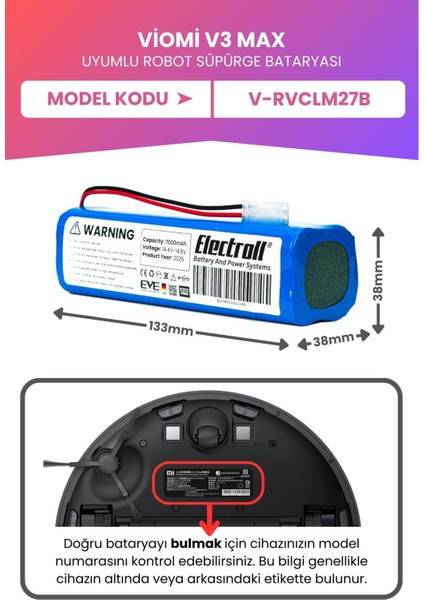 Viomi V3 Max Uyumlu Batarya (Maksimum Kapasite) 7000MAH Pil Robot Süpürge Bataryası V-RVCLM27B fiyatları