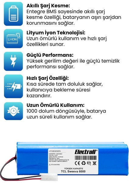 Tcl Sweeva 6000M Uyumlu Batarya (Yüksek Kapasite) 6400MAH Pil Robot Süpürge Bataryası Değişimi fiyatları