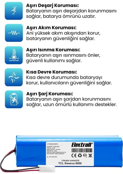Tcl Sweeva 6000M Uyumlu Batarya (Yüksek Kapasite) 6400MAH Pil Robot Süpürge Bataryası Değişimi modelleri