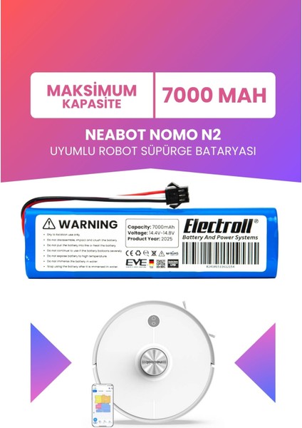 Neabot Nomo N2 Uyumlu Batarya (Maksimum Kapasite) 7000MAH Pil Robot Süpürge Bataryası Değişimi