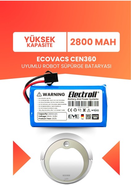 Ecovacs CEN360 Uyumlu Batarya (Yüksek Kapasite) 2800MAH Pil Akıllı Robot Süpürge Bataryası