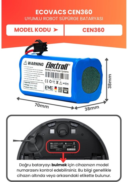 Ecovacs CEN360 Uyumlu Batarya (Yüksek Kapasite) 2800MAH Pil Akıllı Robot Süpürge Bataryası fiyatları