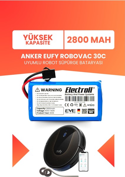 Eufy Robovac 30C Uyumlu Batarya (Yüksek Kapasite) 2800MAH Pil Robot Süpürge Bataryası T2118