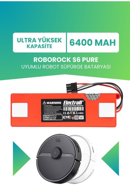 Roborock S6 Pure Uyumlu Batarya (Ultra Yüksek Kapasite) 6400MAH Kutulu Robot Süpürge Pil Değişimi