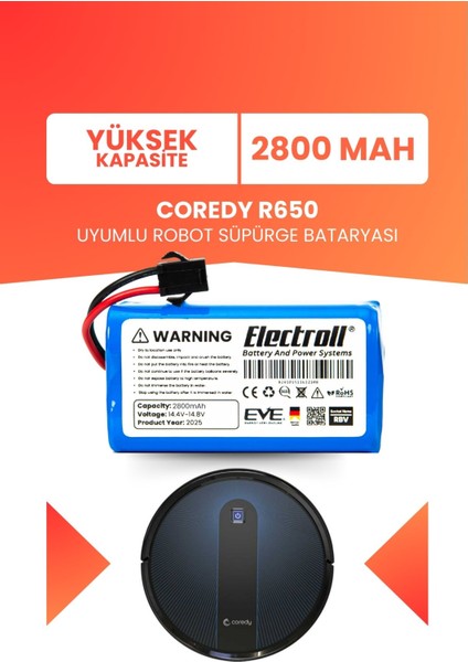 Coredy R650 Uyumlu Batarya (Yüksek Kapasite) 2800MAH Pil Akıllı Robot Süpürge Bataryası