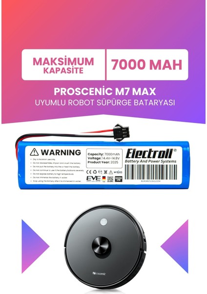 Proscenic M7 Max Uyumlu Batarya (Maksimum Kapasite) 7000MAH Pil Robot Süpürge Bataryası Değişimi