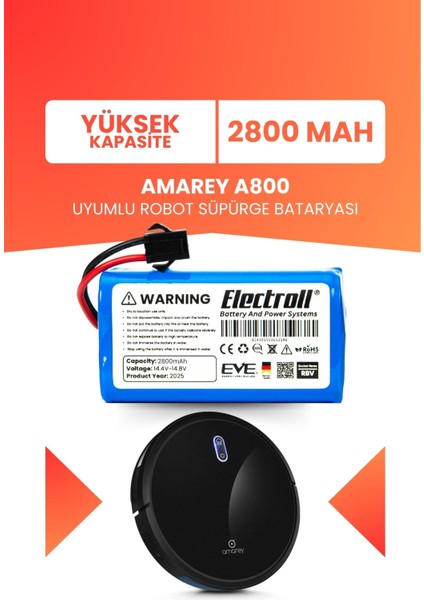 Amarey A800 Uyumlu Batarya (Yüksek Kapasite) 2800MAH Pil Akıllı Robot Süpürge Bataryası