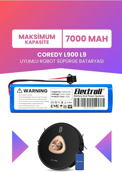 Coredy L900 L9 Uyumlu Batarya (Maksimum Kapasite) 7000MAH Pil Robot Süpürge Bataryası Değişimi
