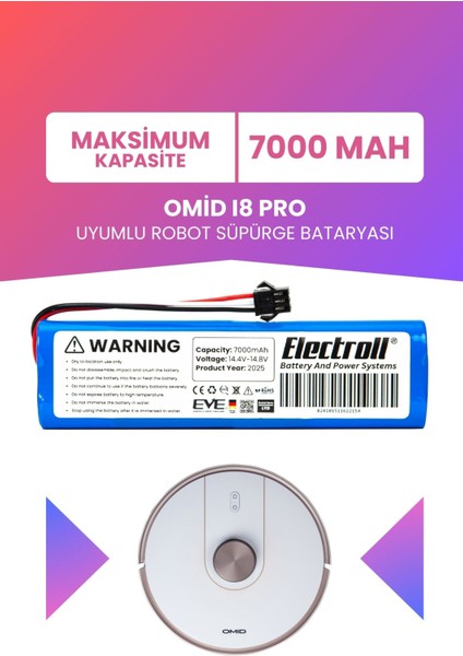 Omid I8 Pro Uyumlu Batarya (Maksimum Kapasite) 7000MAH Pil Robot Süpürge Bataryası Değişimi