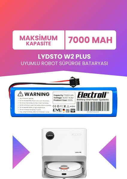 Lydsto W2 Plus Uyumlu Batarya (Maksimum Kapasite) 7000MAH Pil Robot Süpürge Bataryası Değişimi