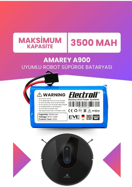 Amarey A900 Uyumlu Batarya (Maksimum Kapasite) 3500MAH Pil Akıllı Robot Süpürge Bataryası