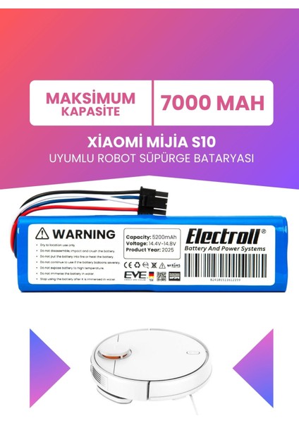 Xiaomi Mijia S10 Uyumlu Batarya (Maksimum Kapasite) 7000MAH Pil Robot Süpürge Bataryası BHR6388GB