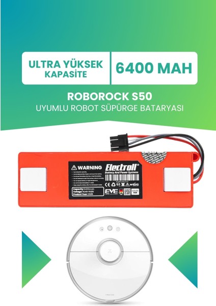Roborock S50 Uyumlu Batarya (Ultra Yüksek Kapasite) 6400MAH Kutulu Robot Süpürge Bataryası Değişimi