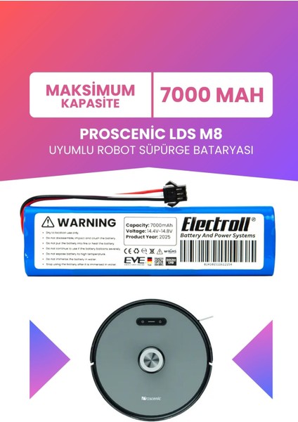 Proscenic Lds M8 Uyumlu Batarya (Maksimum Kapasite) 7000MAH Pil Robot Süpürge Bataryası Değişimi