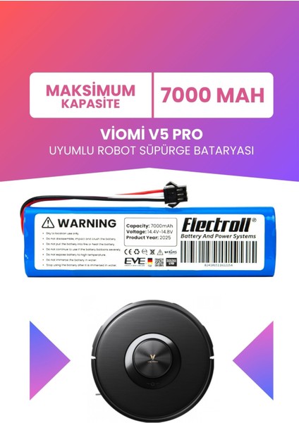 Viomi V5 Pro Uyumlu Batarya (Maksimum Kapasite) 7000MAH Pil Robot Süpürge Bataryası Değişimi