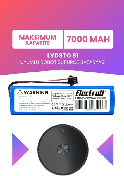 Lydsto S1 Uyumlu Batarya (Maksimum Kapasite) 7000MAH Pil Robot Süpürge Bataryası Değişimi