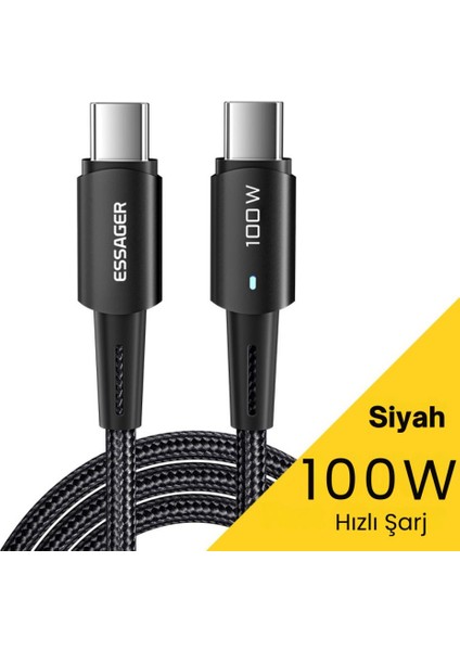 LED Işıklı 2metre 5A 100W Type-C To Type-C Şarj Kablosu Örgü Kablo Şarj Akım Koruma