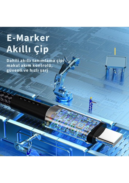 LED Işıklı 2metre 5A 100W Type-C To Type-C Şarj Kablosu Örgü Kablo Şarj Akım Koruma