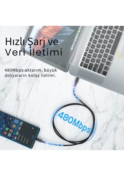 LED Işıklı 2metre 5A 100W Type-C To Type-C Şarj Kablosu Örgü Kablo Şarj Akım Koruma