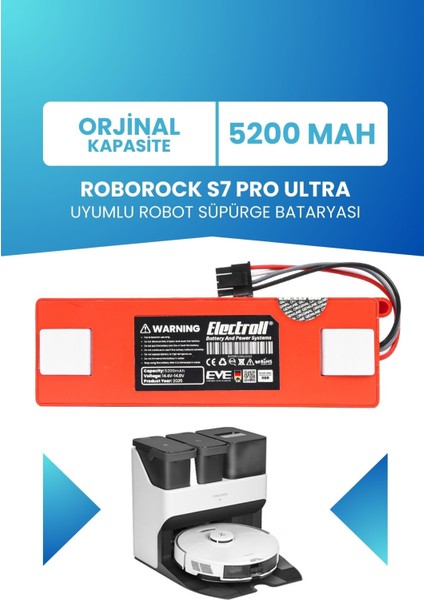 Roborock S7 Pro Ultra Uyumlu Batarya (Orjinal Kapasite) 5200MAH Pil Robot Süpürge Bataryası Değişimi
