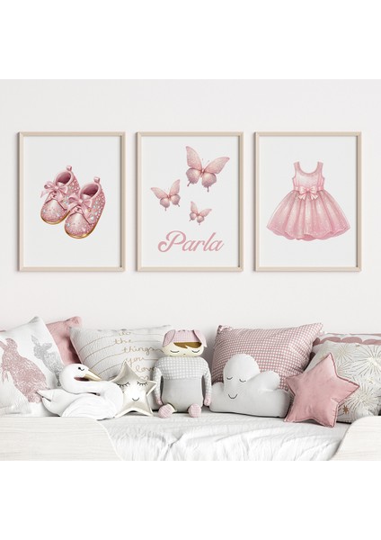Pembe Işıltılı Kız Bebek ve Çocuk Odası 3'lü Isim Tablo Seti,