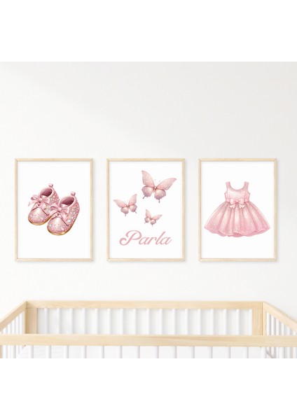 Pembe Işıltılı Kız Bebek ve Çocuk Odası 3'lü Isim Tablo Seti,