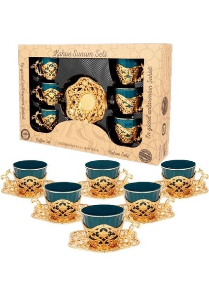 6 Kişilik Lüks Kahve Seti Kahve Fincanı Takımı Kahve Sunum Seti Yeşil Gold