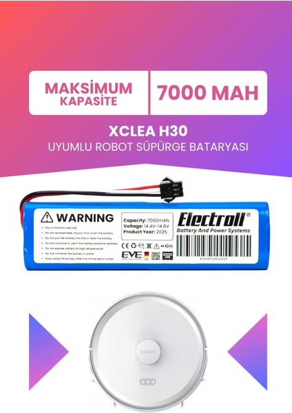 Xclea H30 Uyumlu Batarya (Maksimum Kapasite) 7000MAH Pil Robot Süpürge Bataryası Değişimi