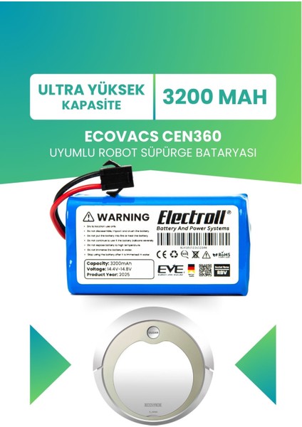 Ecovacs CEN360 Uyumlu Batarya (Ultra Yüksek Kapasite) 3200MAH Pil Akıllı Robot Süpürge Bataryası