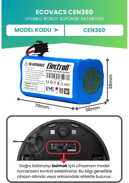 Ecovacs CEN360 Uyumlu Batarya (Ultra Yüksek Kapasite) 3200MAH Pil Akıllı Robot Süpürge Bataryası fiyatları