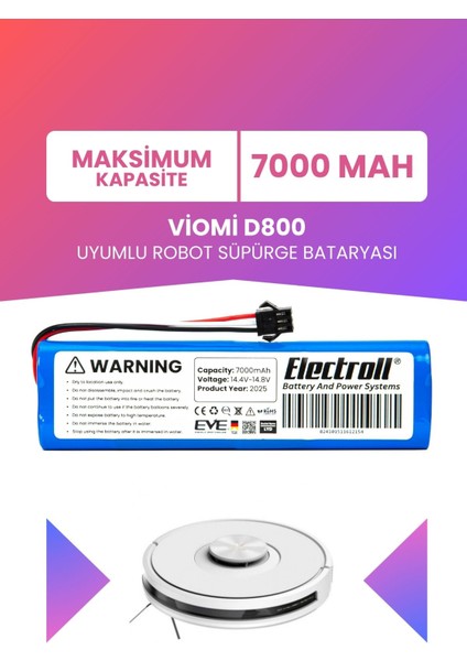 Viomi D800 Uyumlu Batarya (Maksimum Kapasite) 7000MAH Pil Robot Süpürge Bataryası Değişimi